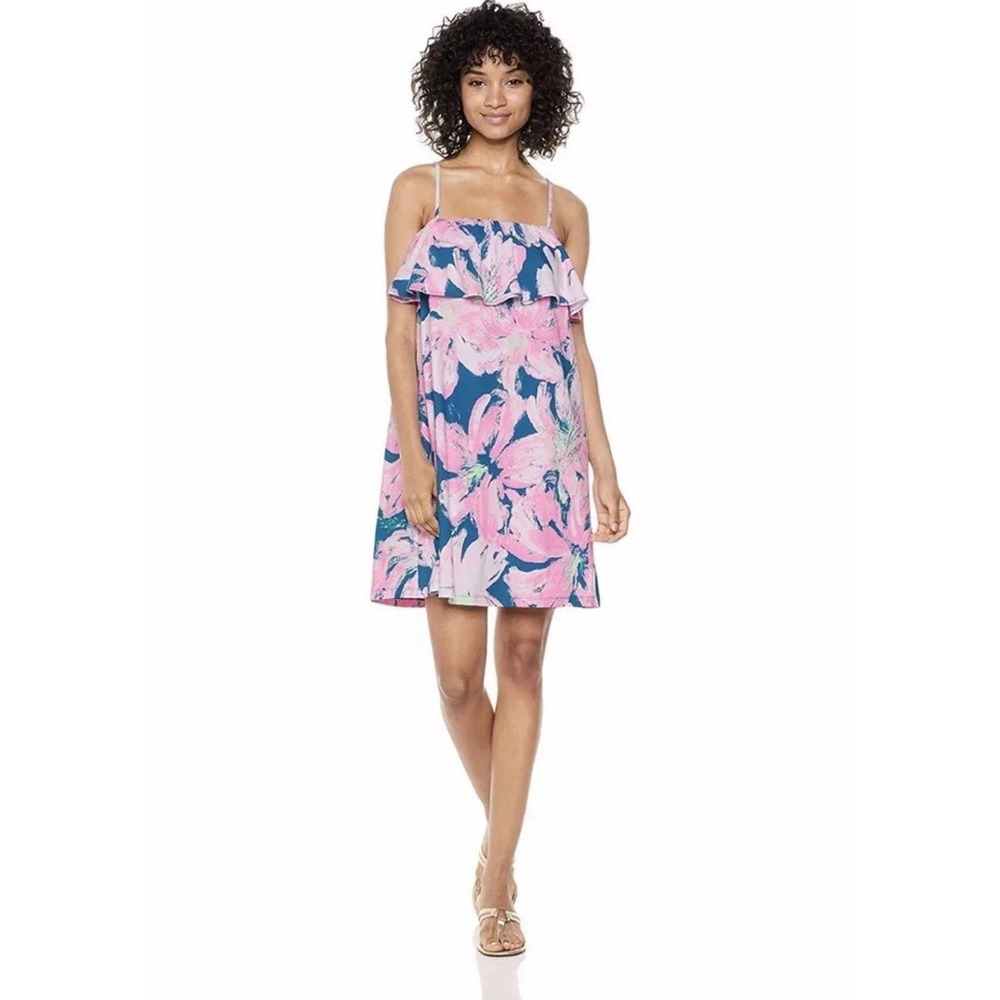 Lilly Pulitzer Dress‎ Women Medium Pink Blue Floral Ruffle Strappy Mini Dress